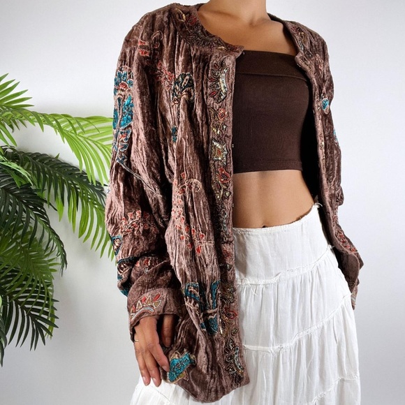Chico's Jackets & Blazers - Chico's Vintage 90s Fairy Grunge Brown Silk Boho Hippie Velvet Oversized Jacket